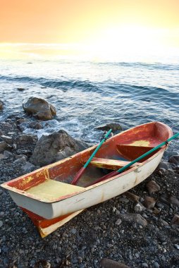 Oared boat on a sea coast by a morning clipart