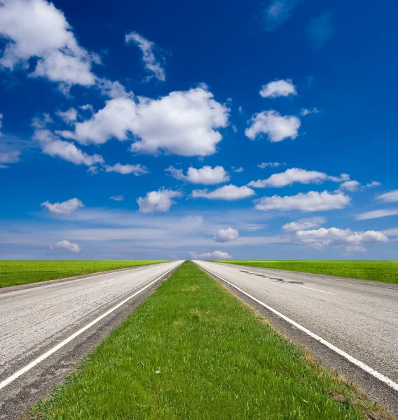 stock image Two way asphalt road and green fields