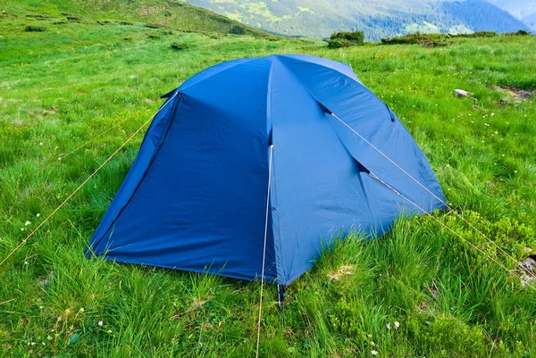 Touristisches Zelt inmitten einer grünen Wiese — Stockfoto