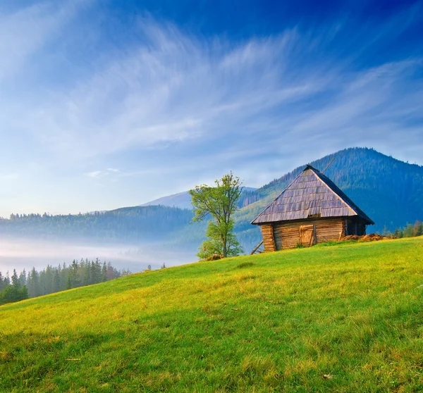 stock image Beautiful wooden house on a green hill