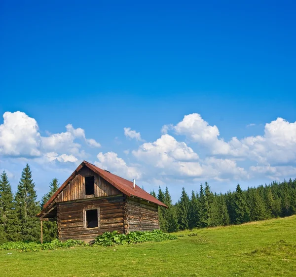 Pequena casa de madeira em um campo — Fotografia de Stock