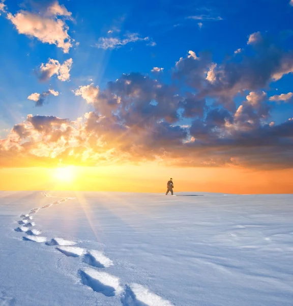 Caminhante em uma planície de inverno em um pôr do sol — Fotografia de Stock