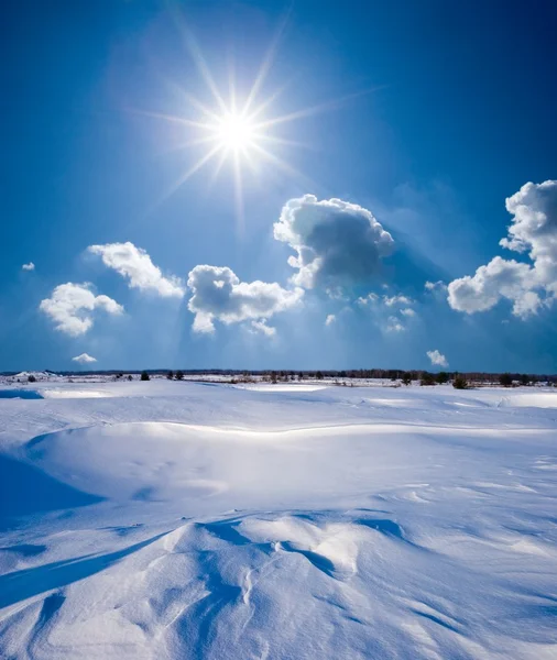 Зимний пейзаж в снегу под сияющим солнцем — стоковое фото