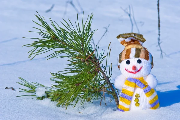 Gelukkig sneeuwpop op een fir tree achtergrond — Stockfoto