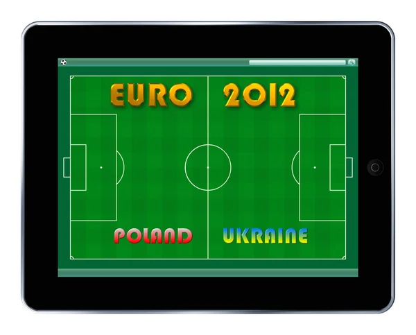 Gestileerde tablet pc met voetbalveld komt te staan — Stockfoto