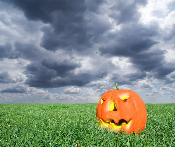 Scare pumpkin under a gloomy sky — Stock Photo, Image