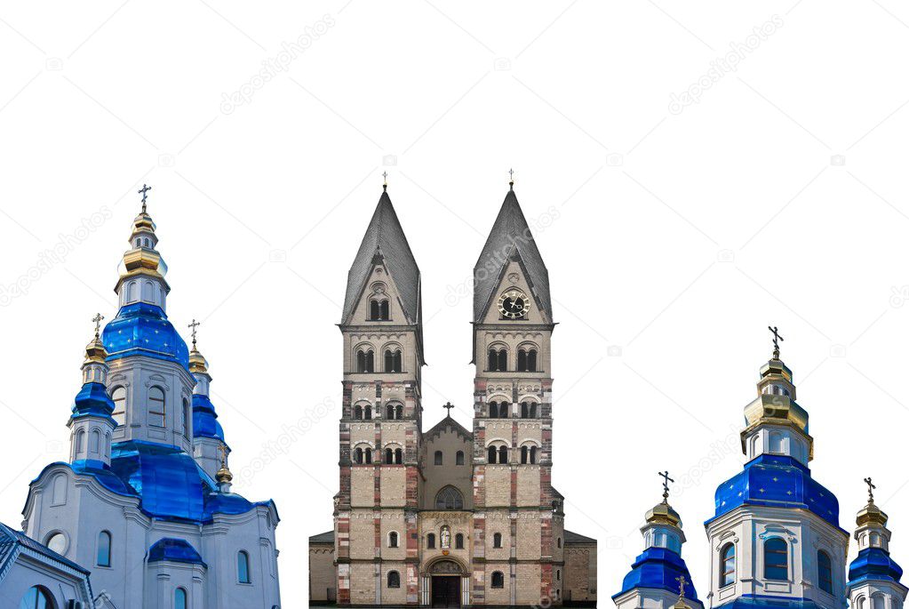 Three christian churches on a white background