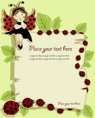 Vector greeting card with a beautiful girl and ladybirds clipart