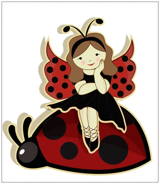 Schönes Mädchen sitzt auf einem Marienkäfer — Stockvektor