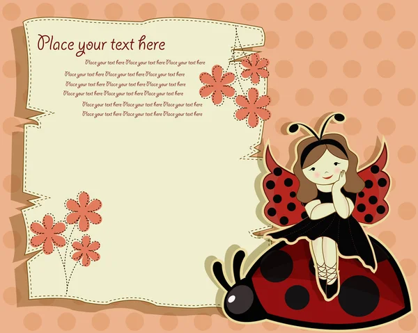 Carte de vœux vectorielle avec une belle fille et coccinelle — Image vectorielle