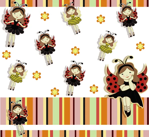 テントウムシの女の子蜂と美しいカード — ストックベクタ