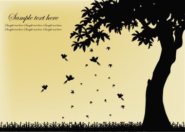 Black silhouette of a tree with birds and falling leaves clipart