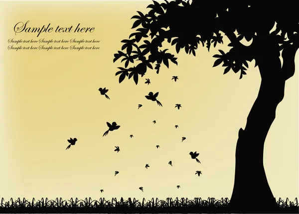 Siyah kuşlar ve düşen yaprakları olan bir ağaç silüeti — Stok Vektör