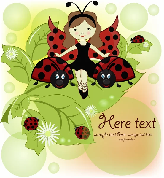 Güzel bir kız ve ladybirds vektör tebrik kartı — Stok Vektör