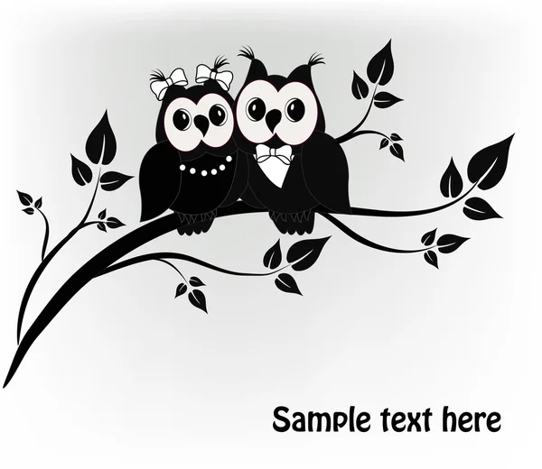 Due in bianco e nero su un albero di gufo nero — Vettoriale Stock