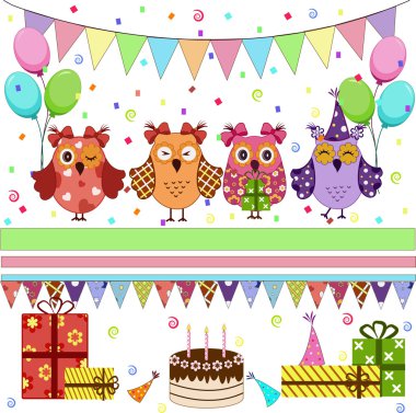 Birthday party owls set clipart