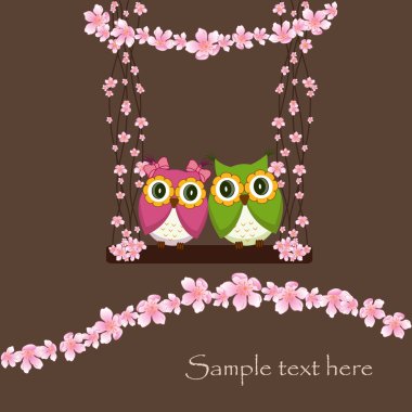 The two owls in love on a swing of flowers clipart