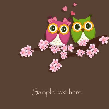 Two funny, love the owl sitting on a flowering branch clipart