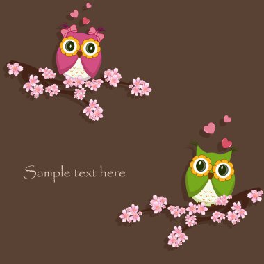 Two funny, love the owl sitting on a flowering branch clipart