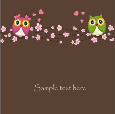 Two funny, love the owl sitting on a flowering branch clipart