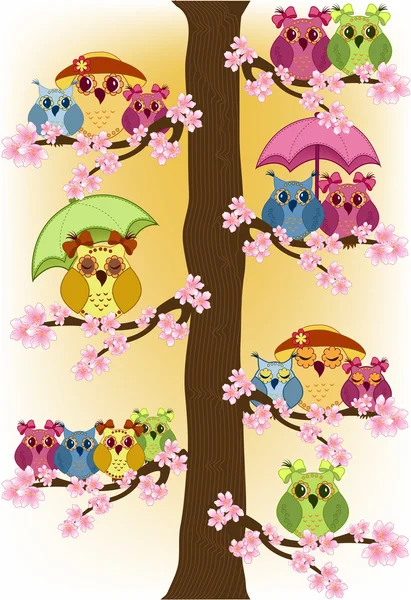 Muchos búhos sentados en un árbol — Archivo Imágenes Vectoriales