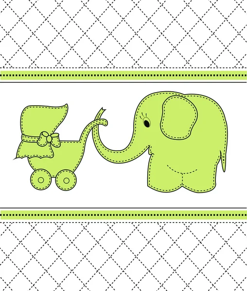 Childrens card with a green elephant and a baby carriage — Stock Vector