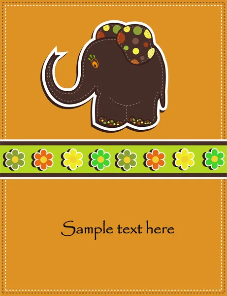 Cartão de criança com um elefante marrom e flores — Vetor de Stock