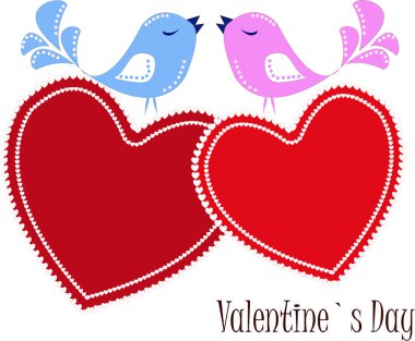 Two enamoured birdies on red hearts clipart