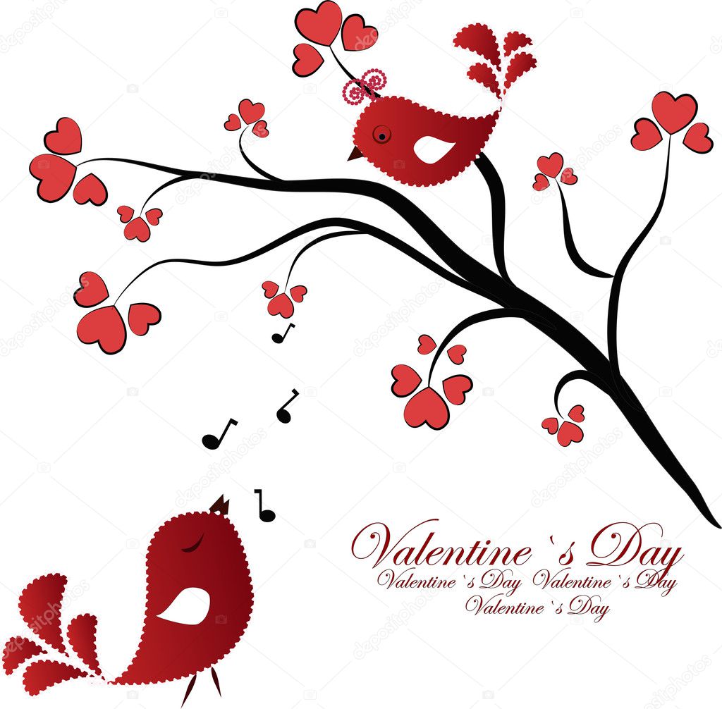 Enamoured birdies on a branch with hearts
