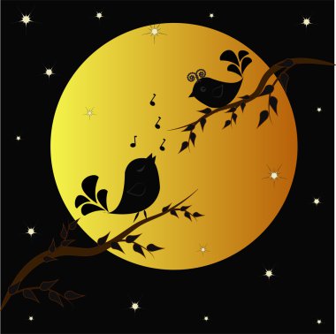 Singing birdies on branches under the moon