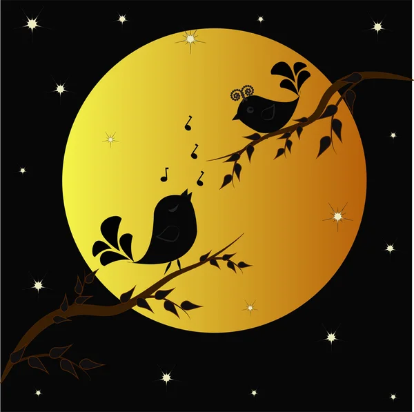 Singing birdies on branches under the moon — Stock Vector