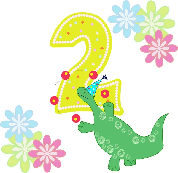 Αριθμός δύο με ένα δεινόσαυρο και λουλούδια — Διανυσματικό Αρχείο