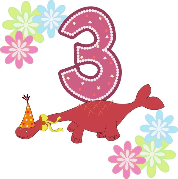 Nummer tre med en dinosaurie och blommor — Stock vektor