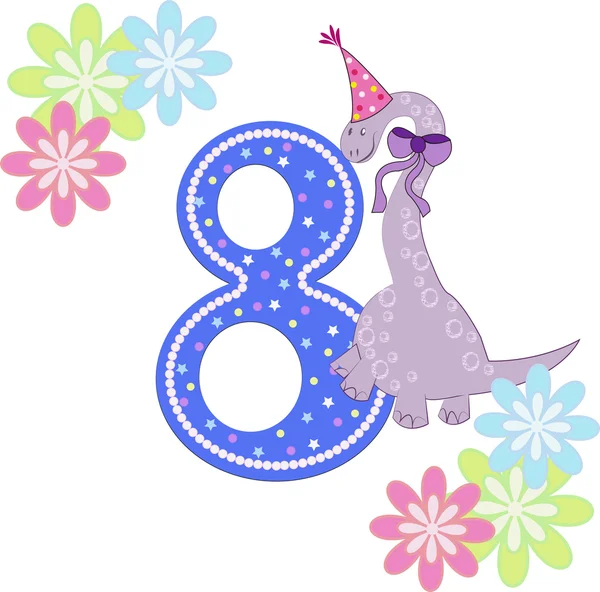 Αριθμός οκτώ με ένα δεινόσαυρο και λουλούδια — Διανυσματικό Αρχείο