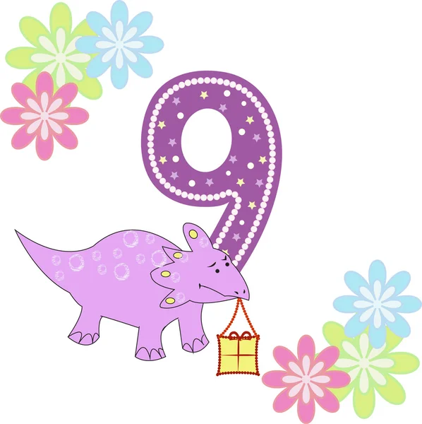 Número nueve con un dinosaurio y flores — Vector de stock