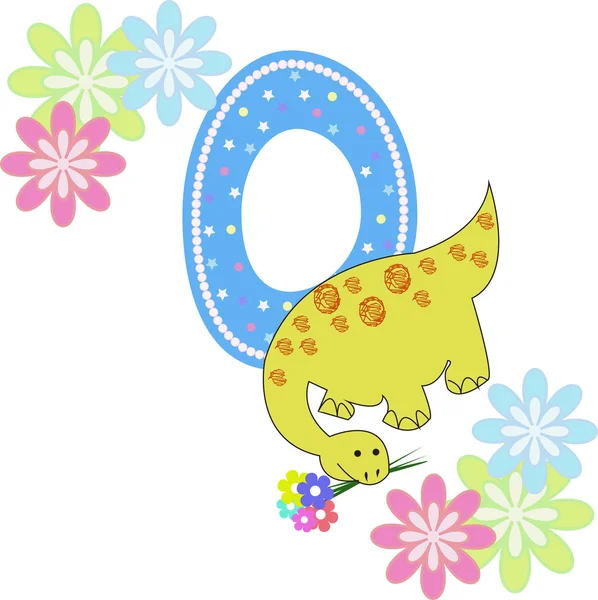 Αριθμό μηδέν με ένα δεινόσαυρο και λουλούδια — Διανυσματικό Αρχείο