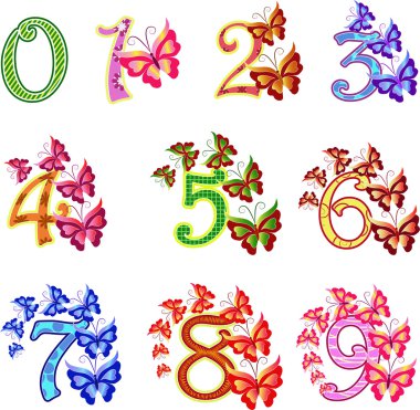 Beautiful multi-coloured numbers with butterflies clipart