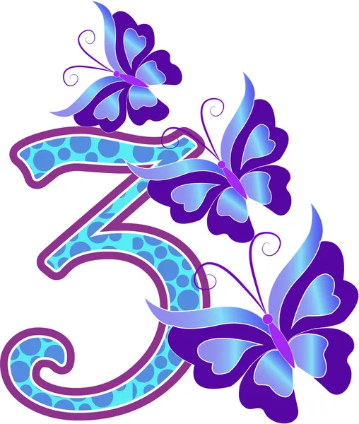 Krásné vícebarevné číslo tři s motýly — Stockový vektor