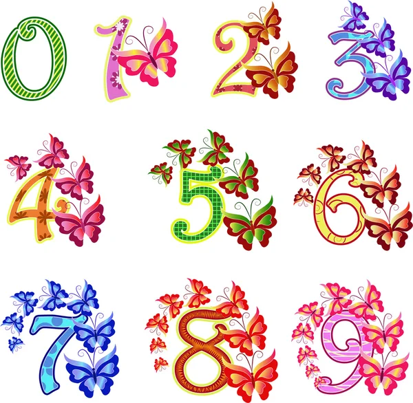 Όμορφη πολύχρωμα αριθμούς με πεταλούδες Διάνυσμα Αρχείου