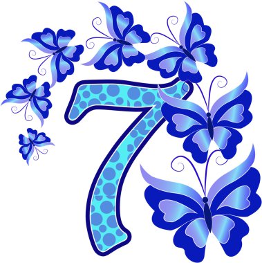 Beautiful multi-coloured number seven with butterflies clipart