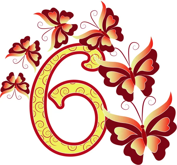 Όμορφη ΠΟΛΥΧΡΩΜΟ αριθμός έξι με πεταλούδες — Διανυσματικό Αρχείο