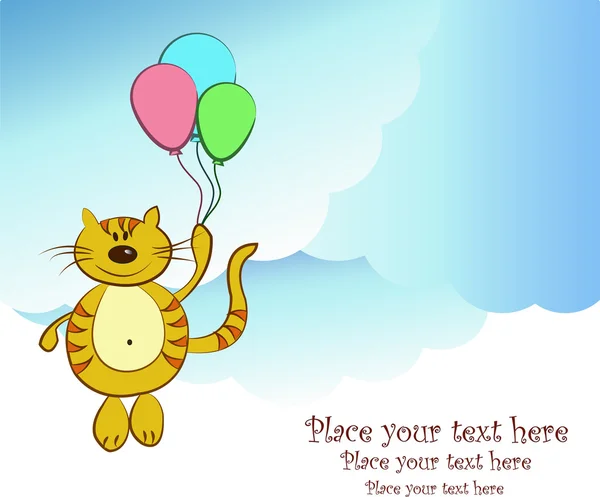 Balonlar içinde bulutlar ile eğlenceli uçan kedi — Stok Vektör