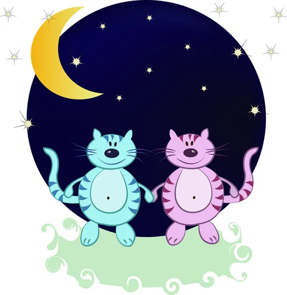 Δύο γάτες μέσα στη νύχτα από το φεγγάρι και αστέρια — Διανυσματικό Αρχείο