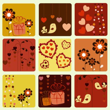 Nine beautiful icons with birds hearts gifts and a flowers clipart