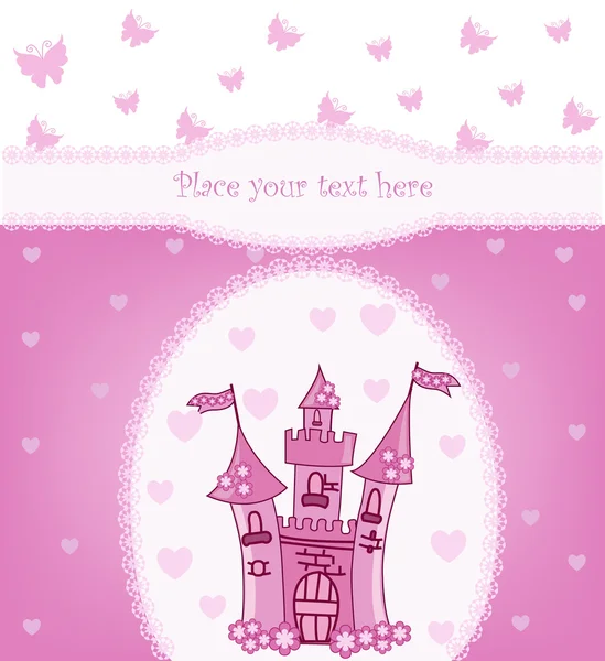 Princess kort med magic castle Royaltyfria Stockvektorer