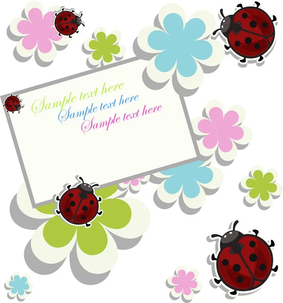 Κάρτα δείγμα με ladybugs και ένα λουλούδια — Διανυσματικό Αρχείο