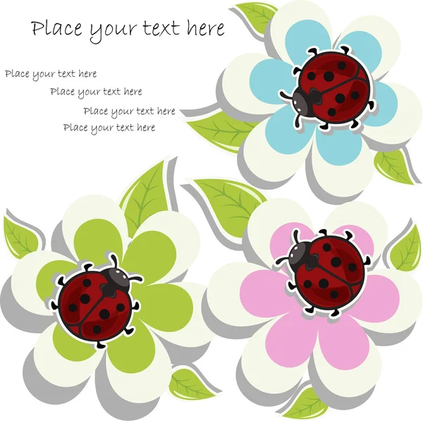 Belle carte avec coccinelles sur les fleurs — Image vectorielle