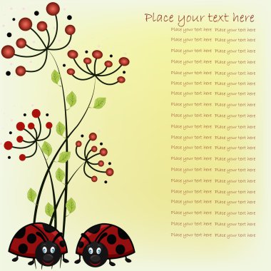 Beautiful card with ladybugs and red flowers clipart