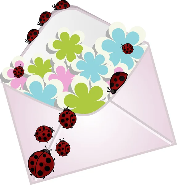 Bir çiçek ile mektup ve ladybugs — Stok Vektör