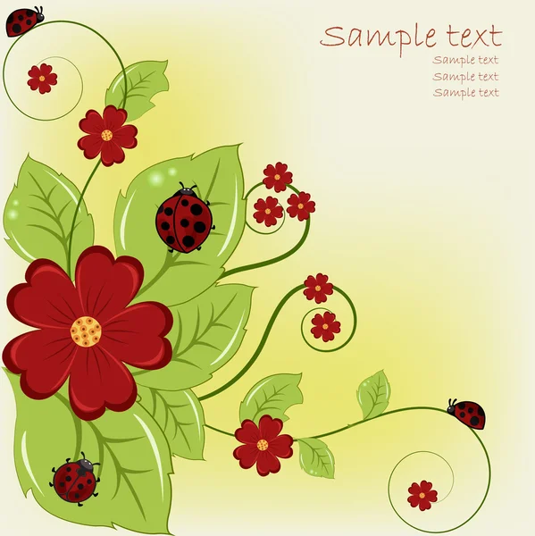 Beautiful card with ladybugs and red flowers — Stock Vector